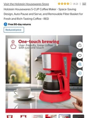Red 5-Cup Coffee Maker - Compact Drip Brewer ground coffee included.